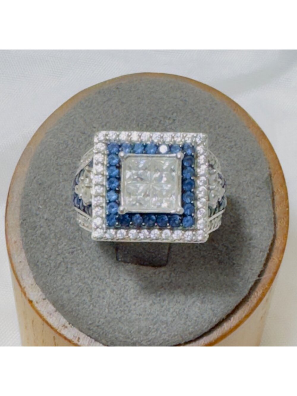 CZ & Synthetic Sapphire Signet Style Square Top Ring Sterling Silver 925 Size 7